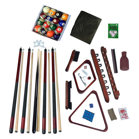 Hathaway Deluxe Pool Table Accessories Kit - Pool Sticks Set of 4, 16 Billiard Balls, Wall-Mounted Cue Rack, 2 Pool Racks, Chalk, & Other Billiards Accessories for Gameplay & Maintenance – Mahogany