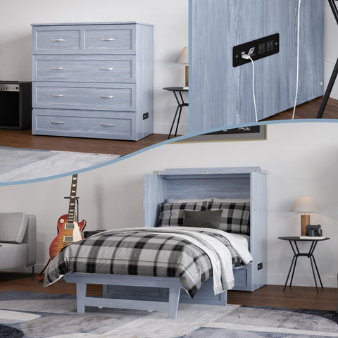 AFI, Northfield Murphy Bed Chest Twin XL with 6" Mattress, Storage Drawer & Built-in USB Charger, Driftwood