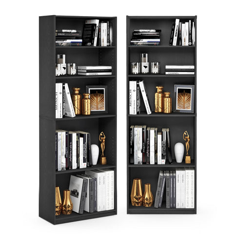 Furinno Jaya Book Shelf Set of 2, 5-Tier Bookshelf, Bookcase, with Adjustable Shelf, 9.5 x 24.5 x 71, for Home Office, Living Room, Black