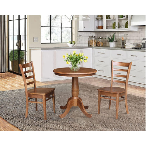 IC INTERNATIONAL CONCEPTS 30" Solid Wood Round Pedestal Table in Distressed Oak with 2 Emily Chairs