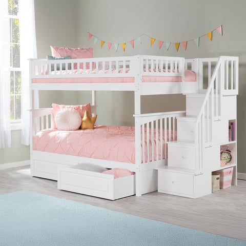 AFI, Columbia Staircase Bunk Bed Full Over Full with Raised Panel Bed Drawers, White