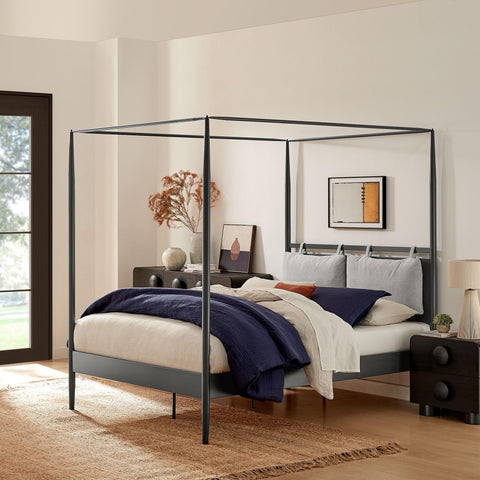 Modway Marlowe King Size Four-Poster Metal Canopy Bed Frame in Charcoal with Adjustable Cushioned Headboard – Modern Platform Bed with Poplar Wood Mattress Support