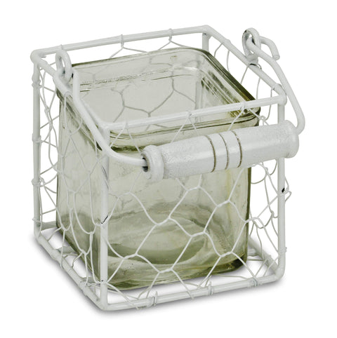 Cheung's 15S002WS Square Glass Jar in White Wire Basket