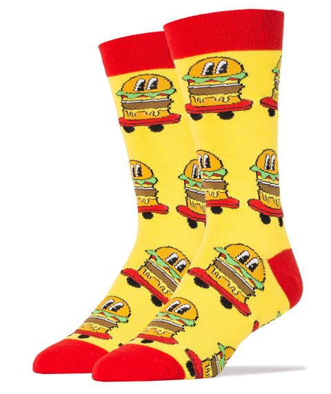 ooohyeah Men's Funny Novelty Food Crew Socks, Fun Crazy Silly Cotton Dress Socks, Burgers on Wheels
