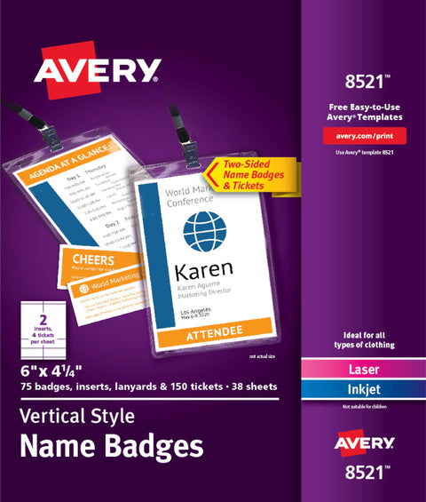 Avery® Customizable Name Badges, 6" x 4.25", Laser/Inkjet Printable Inserts, Including Tickets, 75 Vertical Name Tag Holders, Includes Lanyards (8521)