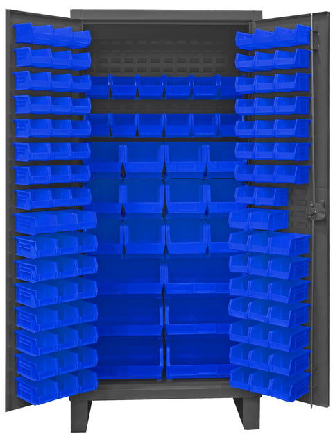 Durham HDC36-126-5295 Lockable Cabinet with 126 Blue Hook-On Bins, 36" Wide, 12 Gauge