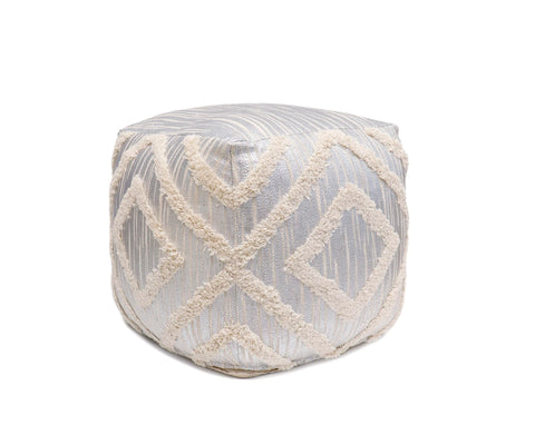 Pasargad Home Grandcanyon Premium Cotton Shaggy Pouf, 100% Cotton Pouf, Hand Woven- Polly Beads Stuffed Pouf- Sitting, Foot Stool- Poufs for Living Room - Luxury Room Decor, 17"x17"x17", Ivory/Silver