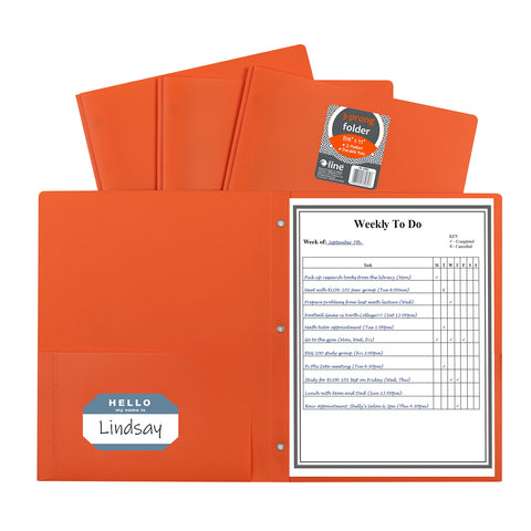 C-Line Two-Pocket Heavyweight Poly Portfolio with Prongs, For Letter Size Papers, Includes Business Card Slot, 1 Case of 25 Portfolios, Orange (33962-25)
