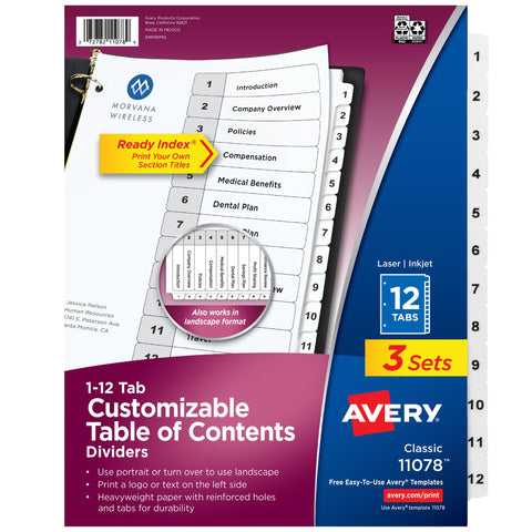 Avery® Dividers for 3 Ring Binders, 12 Tabs per Set, Customizable Table of Contents, Classic White Tabs, Great for Organizing Reports, Projects, and More (3 Sets of 11078)
