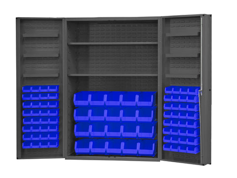 Heavy Duty Cabinet 14 Gauge 48 x 24 x 72 2 Adjustable Shelves 84 Blue Bins 4 Inch Deep Box Doors with Louvered Panel 6 Door Shelves Lockable Chrome Handle with Keys Gray
