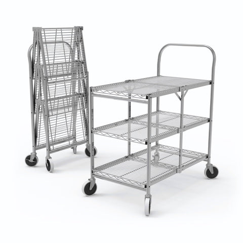 Luxor WSCC-3 Three-Shelf Collapsible Wire Utility Cart, Push Heavy Duty, 4" Thermoplastic Rubber Casters Two with Locking Brakes,Holds 300 lbs. and Folds Up for Storage, 37"W x 18.25"D x 30.5"H
