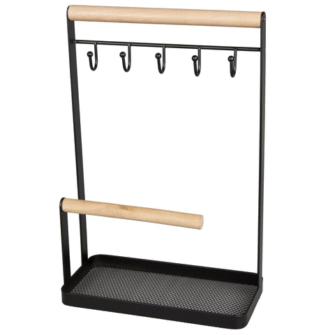 Creative Home Metal 2-Tier Jewelry Organizer Stand for Necklaces Bracelets, Black Powder Coated Frame with Acacia Wood Hanger Bars Mesh Catchall Tray for Earrings, Rings, 4 x 7.9 x 12 in