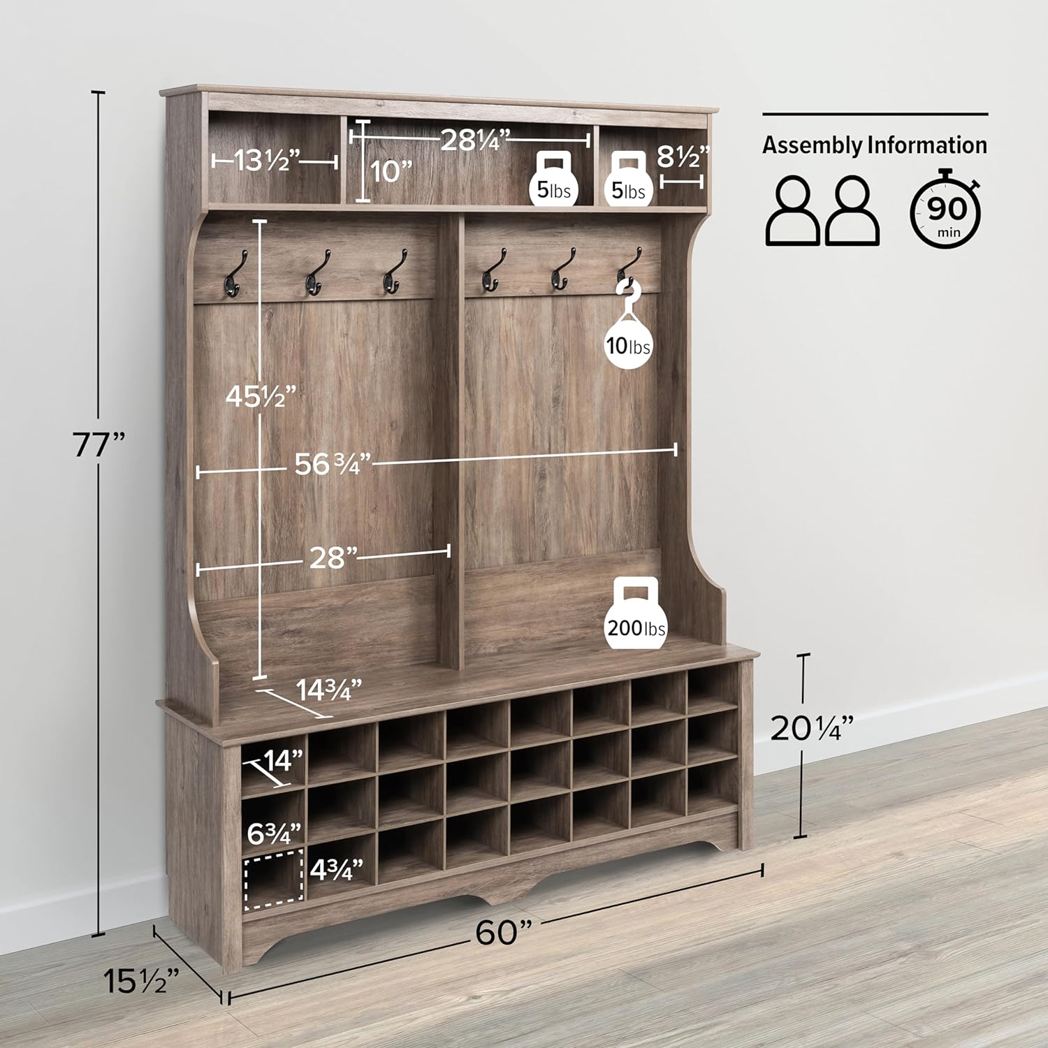 Prepac Drifted Gray Hall Tree with Bench and Shoe Storage