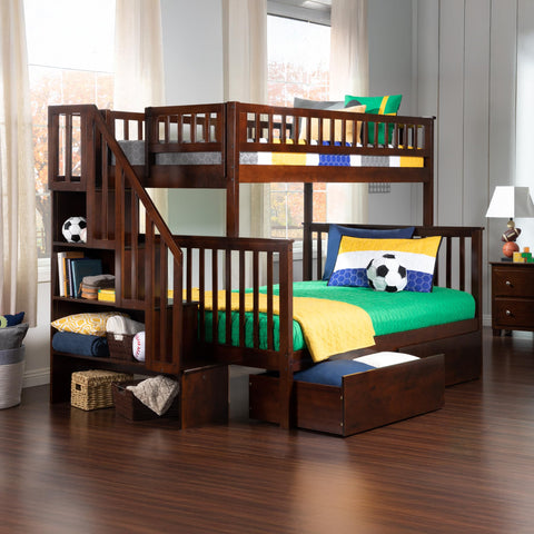 Woodland Staircase Bunk Bed Twin over Full with 2 Urban Bed Drawers in Walnut