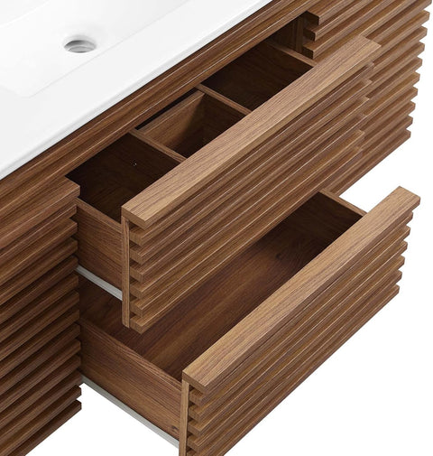 Modway Render 48" Wall-Mount Bathroom Vanity Cabinet with Ceramic Sink Basin in Walnut White