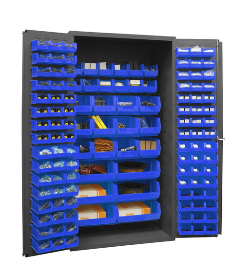 Durham 2501-BDLP-126-5295 Lockable Bin Cabinet with 126 Blue Hook-On Bins, Flush Door Style, 36" Wide, 16 Gauge, Gray