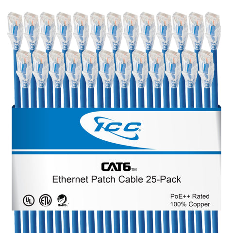 ICC CAT6 Ethernet Patch Cord with Clear Boot Strain Relief, RJ45, Stranded, 550 MHz, UTP, Pure Bare Copper Wire, 24 AWG, LAN Network Patch Cable, Blue, 3 FT, 25-Pack