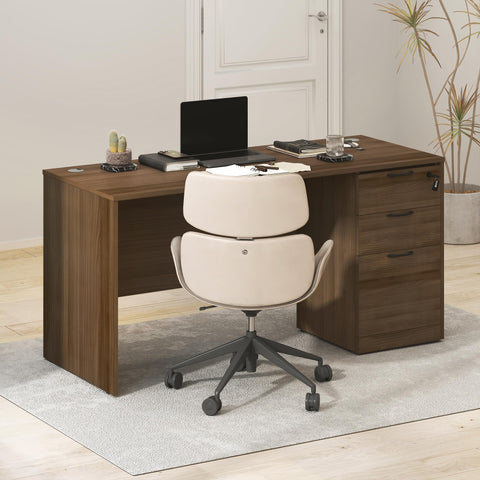 Furinno Roger 60 Inch Executive Desk with File Cabinet, Home Office Desk with 3-Drawer Fixed Pedestal Filing Cabinet, Desk Cord Grommet, for Home Office, Modern Walnut