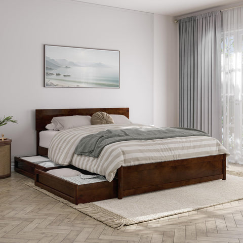 AFI, Wesley Queen Platform Bed with Panel Footboard and Storage Drawers, Walnut