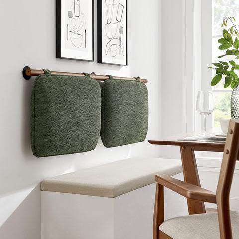 Modway Anela Chenille Upholstered Wall-Mounted Headboard Queen Size in Sage Walnut – Floating Padded Headboard with Wood Bar and Two Cushions for Queen Bed – Hanging Back Cushions for Bench
