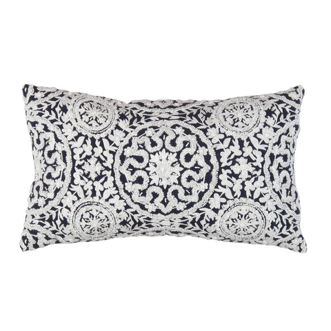 Pasargad Home Naples Embroidered Lumber Pillow, 14" x 24" Decorative Pillow for Sofa Couch Bed Living Room, Navy/Taupe