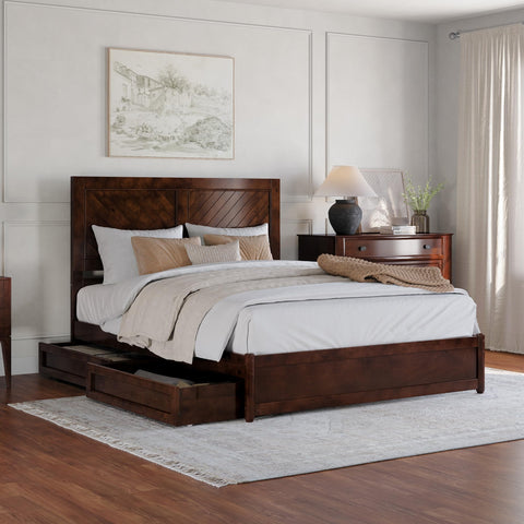 AFI, Clayton Queen Platform Bed with Panel Footboard and Storage Drawers, Walnut