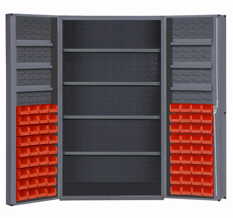 Heavy Duty Cabinet 14 Gauge 48 x 24 x 72 4 Adjustable Shelves 72 Red Bins 4 Inch Deep Box Doors with Louvered Panel 6 Door Shelves Lockable Chrome Handle with Keys Gray