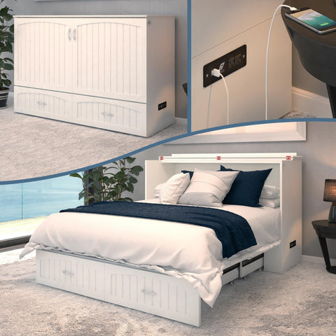 AFI, Southampton Murphy Bed Chest Queen with 6" Mattress, Storage Drawer & Built-in USB Charger, White