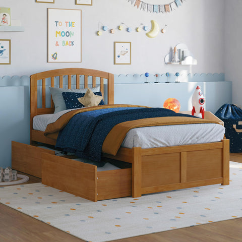 AFI Richmond Twin Solid Wood Platform Bed with Footboard & Storage Drawers in Light Toffee