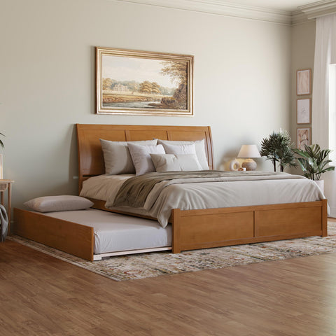 AFI Portland King Solid Wood Platform Bed with Footboard & Twin XL Trundle in Light Toffee