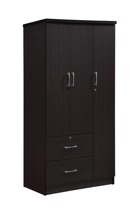 Hodedah 3-Door Armoire with 2-Drawers, 3-Shelves in Chocolate