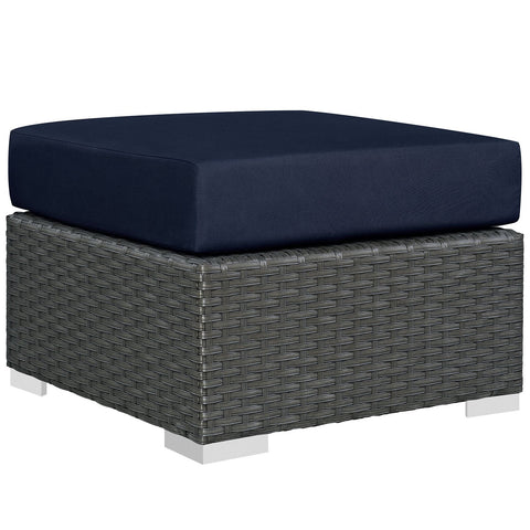 Modway Sojourn Wicker Rattan Outdoor Patio Sunbrella Fabric Ottoman in Canvas Navy
