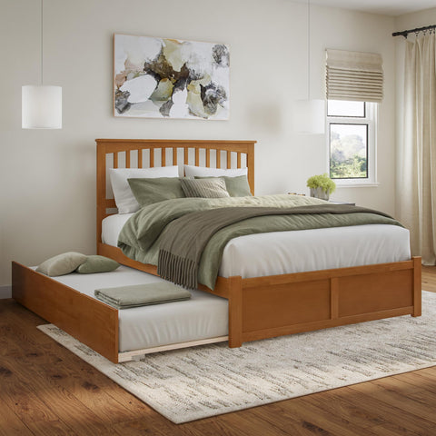 AFI, Mission Queen Platform Bed with Footboard & Twin XL Trundle, Light Toffee