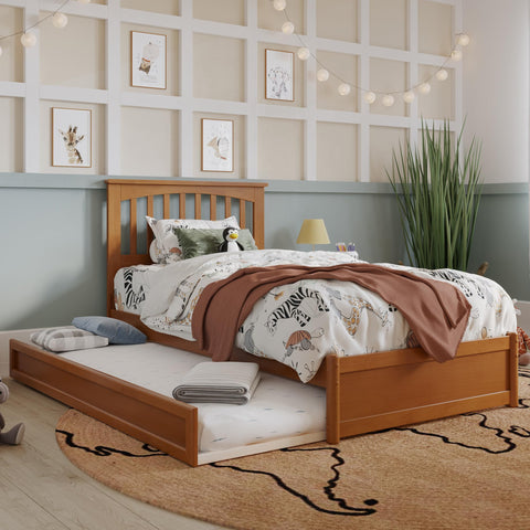 AFI, Everett Twin Platform Bed with Panel Footboard and Twin Trundle, Light Toffee