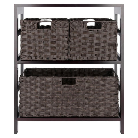 Oakestry Leo 2-Tier Wide Wood Storage Shelf with 3 Foldable Woven Baskets, Espresso – Functional Organizer for Living Room, Home Office, Bedroom, or Closet