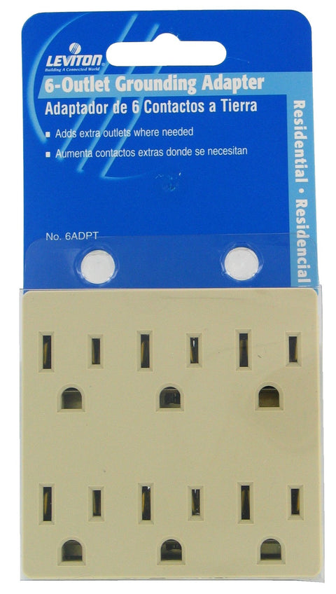 Leviton Six Outlet/Receptacle Plug-In Adapter, Grounding, 6ADPT-I, Ivory