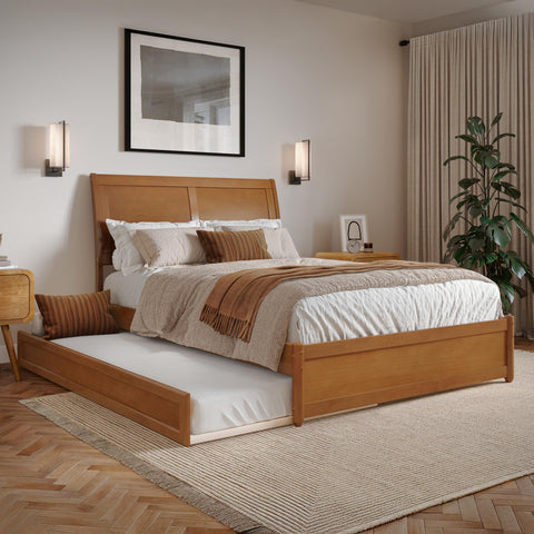AFI, Andorra Full Platform Bed with Panel Footboard and Twin Trundle, Light Toffee