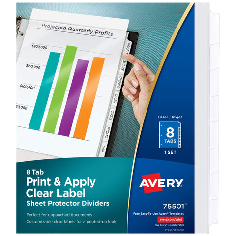 Avery® 8-Tab Sheet Protector Dividers, Printable Easy Peel® Clear Labels, Index Maker®, White Tabs, 1 Set (75501)