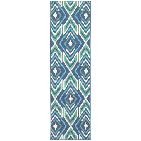 Oriental Weavers Meridian Indoor/Outdoor Rug - 2209B - 2'3" x 7'6" - in Navy/Green - Vintage Bohemian Style, Water, Stain and Fade Resistant, Hose Clean, Patio, Outdoor Living Area Rug