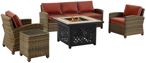 Bradenton 5Pc Wicker Outdoor Sofa Set W/ Fire Table Weathered Brown/Sangria - Sofa, Side Table, Tucson Fire Table, & 2 Armchairs