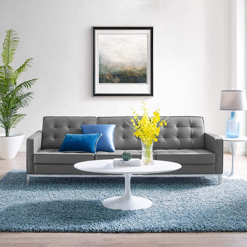 Modway Loft Tufted Button Faux Leather Upholstered Sofa in Silver Gray