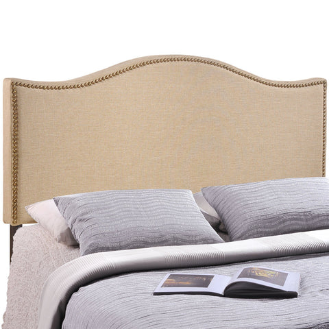 Modway Curl Linen Fabric Upholstered Queen Headboard with Nailhead Trim and Curved Shape in Café
