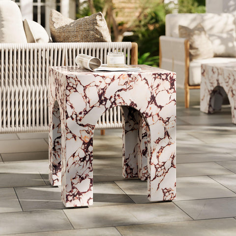 Modway Valen Arched Concrete Side Table with Faux Stone Finish in Red Marble
