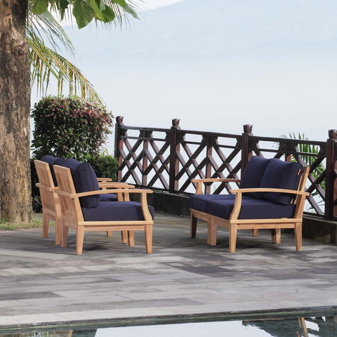 Modway EEI-1818-NAT-NAV-SET Marina Premium Grade A Teak Wood 4-Piece Outdoor Patio Furniture Set, Natural Navy