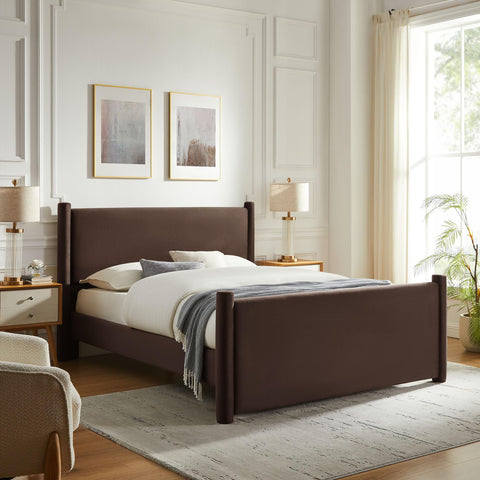Modway Rael Queen Platform Bed Frame with Upholstered Headboard and Footboard in Chocolate Brown – Stain-Resistant Performance Velvet Queen Size Bed with Rounded Posts