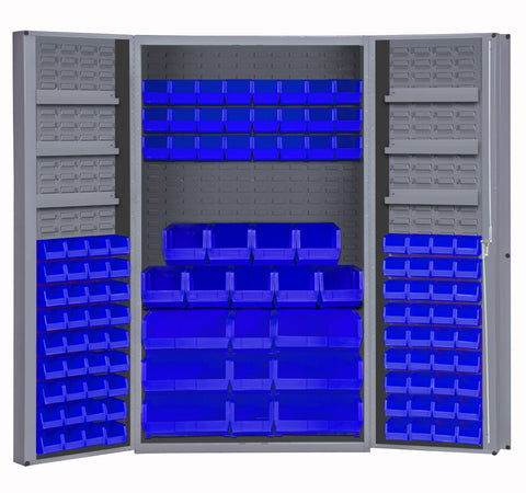 Heavy Duty Cabinet 14 Gauge 48 x 24 x 72 6 Door Shelves 114 Blue Bins 4 Inch Deep Box Doors with Louvered Panel 6 Door Shelves Lockable Chrome Handle with Keys Gray