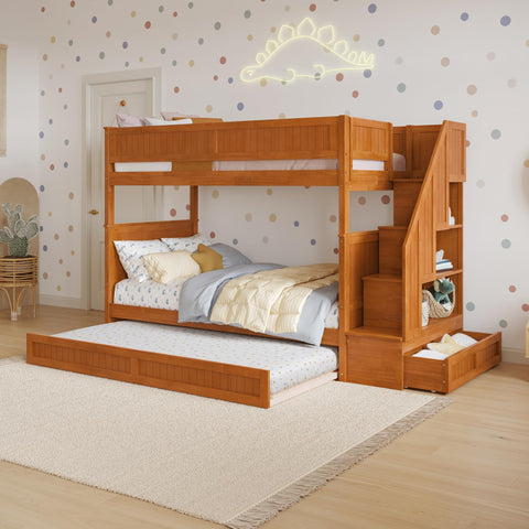 AFI, Dover Twin Over Twin Staircase Bunk Bed with Storage Drawer and Twin Trundle, Light Toffee
