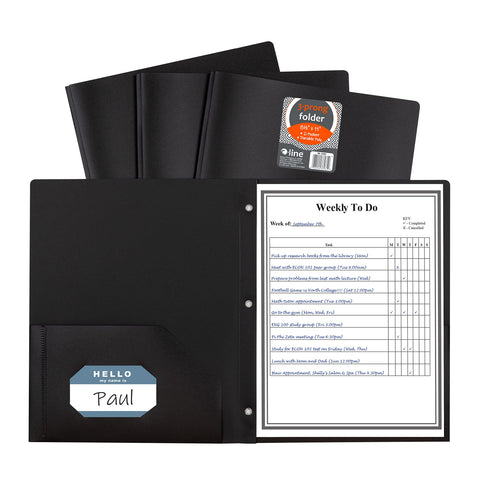 C-Line Two-Pocket Heavyweight Poly Portfolio with Prongs, For Letter Size Papers, Includes Business Card Slot, 1 Case of 25 Portfolios, Black (33961-25)