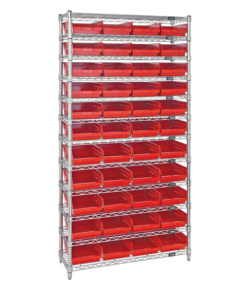 WIRE SHELVING UNIT W/44 RED BINS