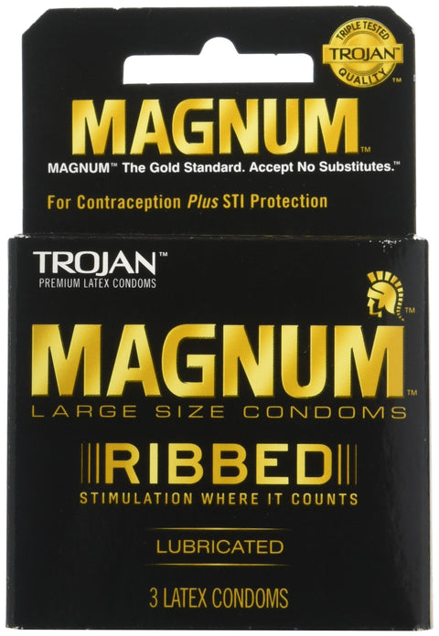 Trojan Magnum Ribbed Condoms, Unscented, 3 Count